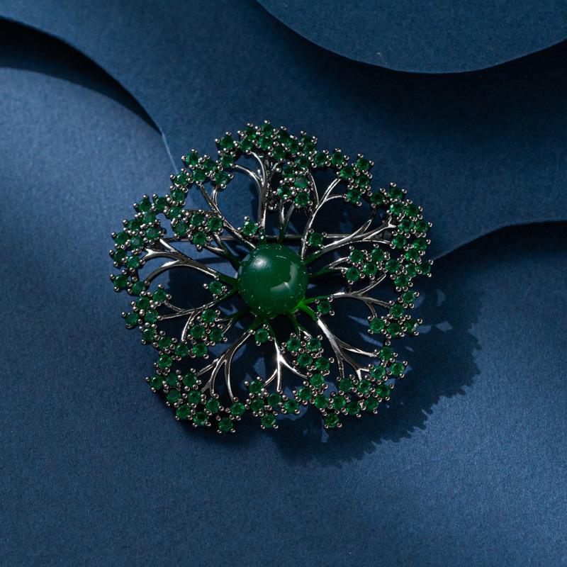 Elegant Green Agate Dandelion Brooch with Pearl Accent