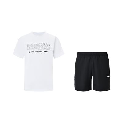 Li Ning Badminton Serie Lockerer Buchstabenaufdruck Schnelltrocknend Kühl Kurzarm Vielseitige Schmutzabweisende Shorts Lässiger Sportanzug AHSUB37-2+AKSU789-3