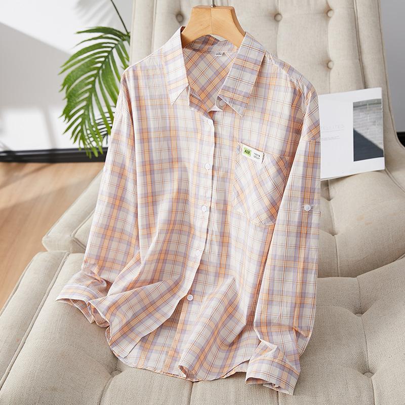 

Женская клетчатая рубашка с длинным рукавом, ретро-топ, новинка осени, рубашка из чистого хлопка XXL