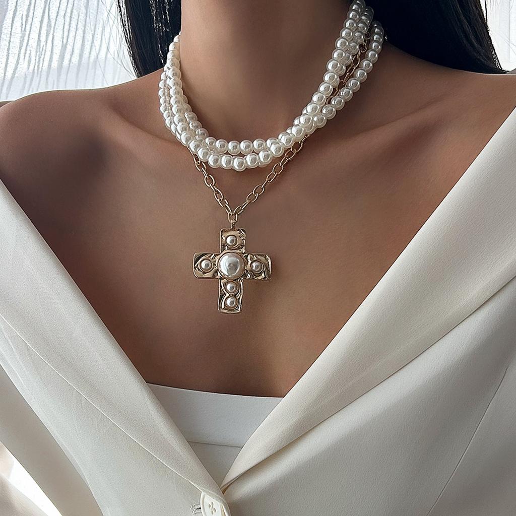 DIEZI Multilayer Vintage Imitation Pearl Cross Pendant Necklace For Women Punk Statement Chokers Clavicle Chain Necklace Jewelry