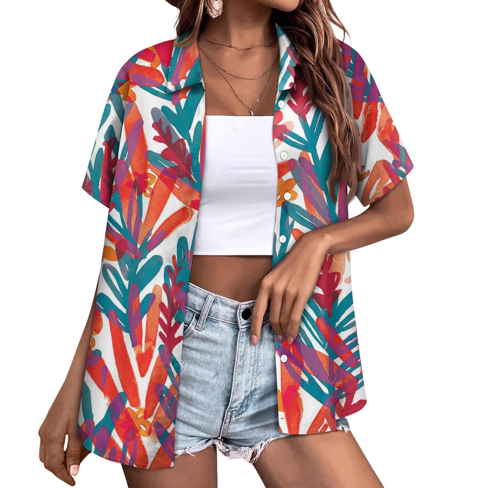 Женская модная повседневная рубашка с короткими рукавами и цветочным принтом — фото 9