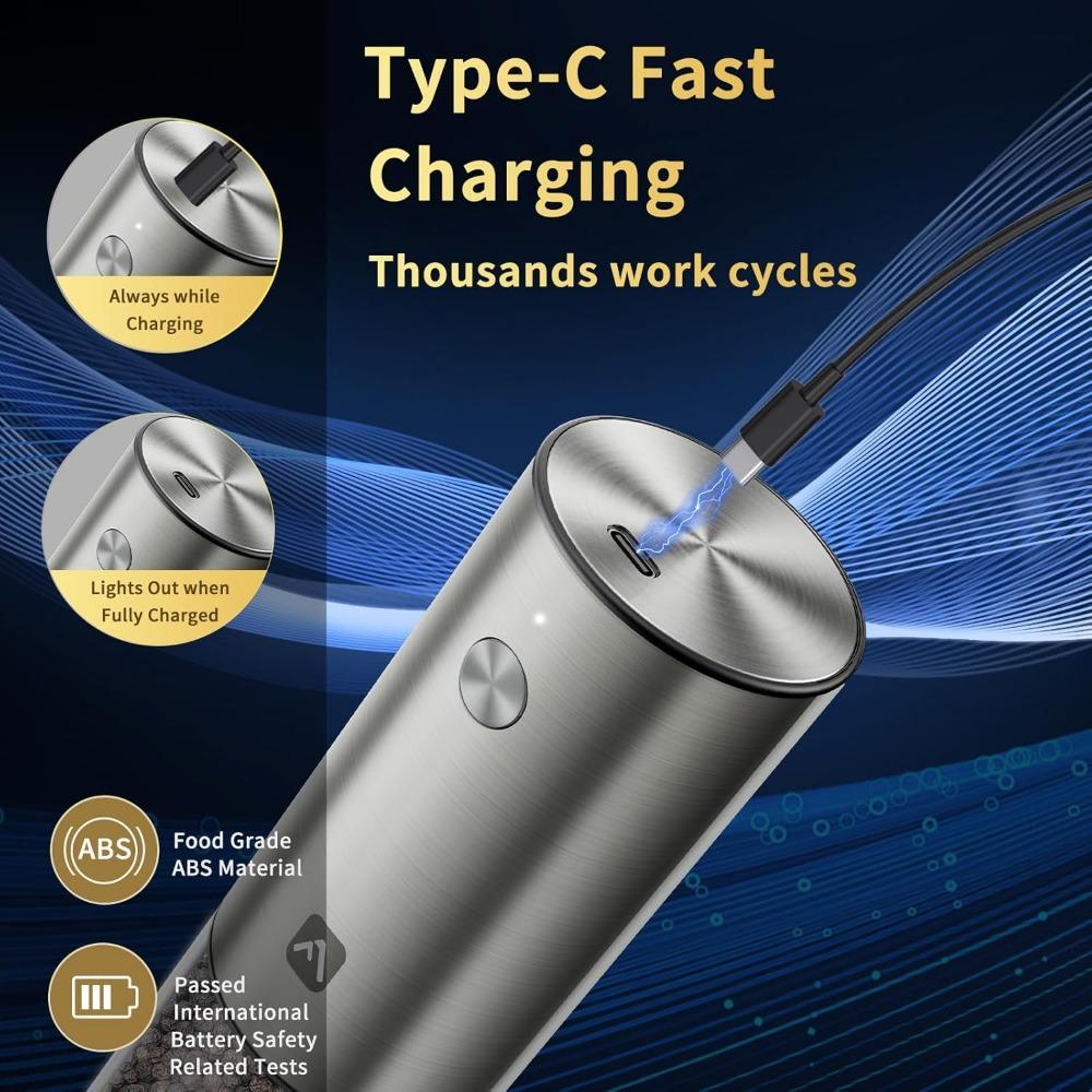 Zaktualizowany Elektryczny Zestaw Młynków do Soli i Pieprzu z Możliwością Ładowania USB-C | Duża Pojemność 95ml | 6 Regulowanych Stopni Grubość Mielenia | Stal Nierdzewna Sól Różowa