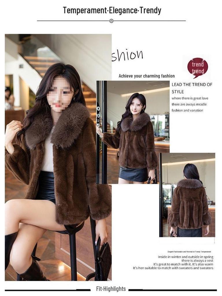 Women's Fashion Faux Mink Fur Coat with Large Collar and Velvet Detailing