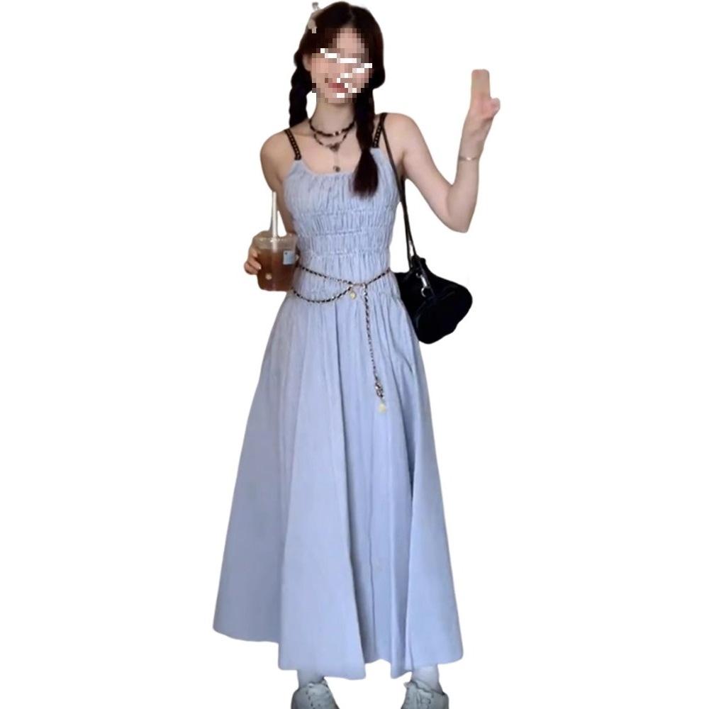 Blue suspender dress women's summer pure desire new French seaside vacation wind beach waist long dress