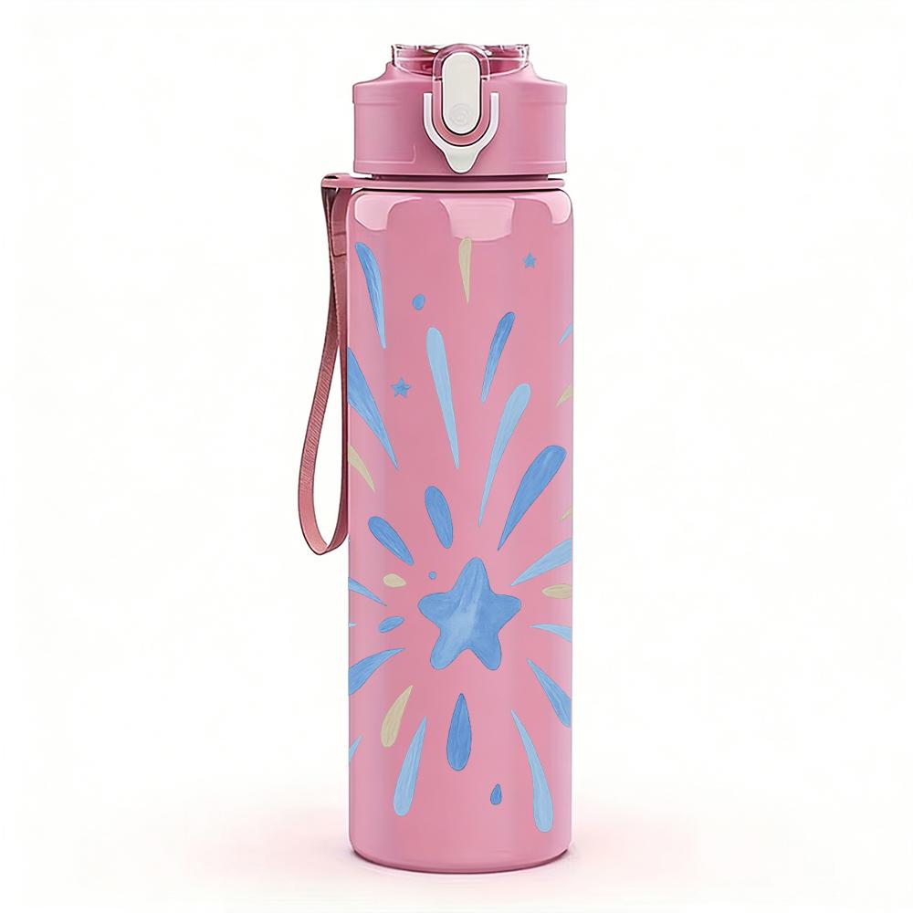 1PC Burst Firework Blue White Art 750ml Color Plastic Sports Water Bottle Leakproof Flip Straw Lid Suitable for Sports Office Home Use
