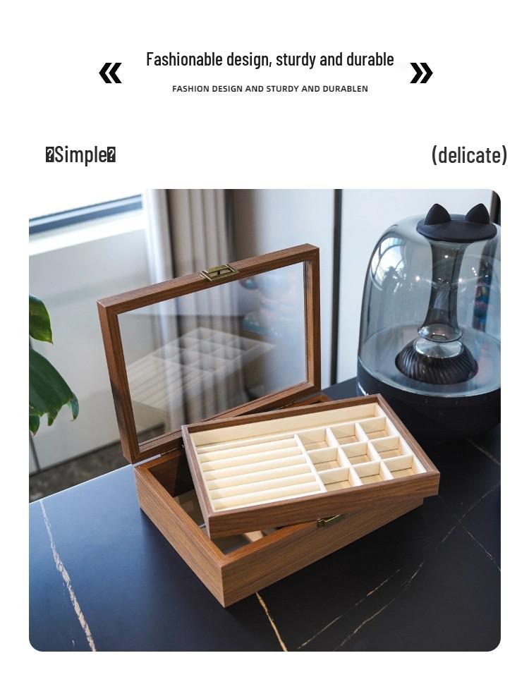 Walnut Grain Jewelry Organizer with Glass Lid - Anti-Oxidation Storage for Earrings, Rings, and Bracelets