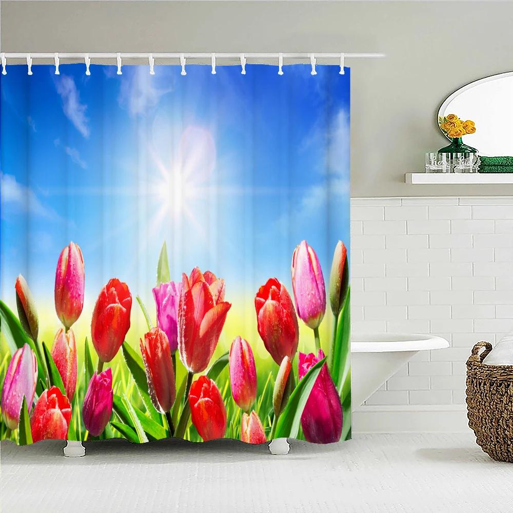 Colorful Tulip Flowers Shower Curtains 3D Beautiful Flower Print Bath Curtain Waterproof Fabric With Hooks Bathroom Decoration