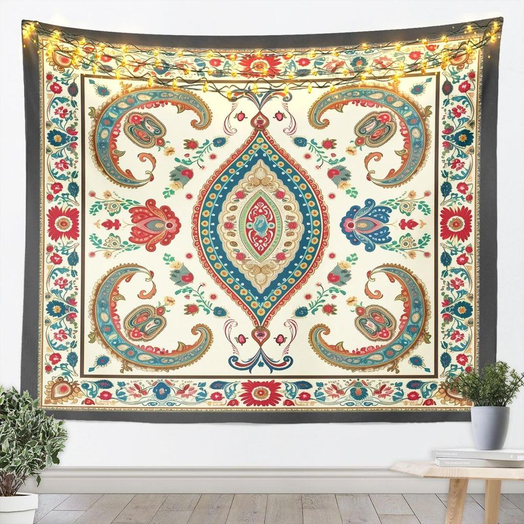 Floral Wall Hanging Bohemian Vintage Lace Damask Art Tapestry Beige Blue Flowers Orange Plaid Microfiber Polyester Tapestries