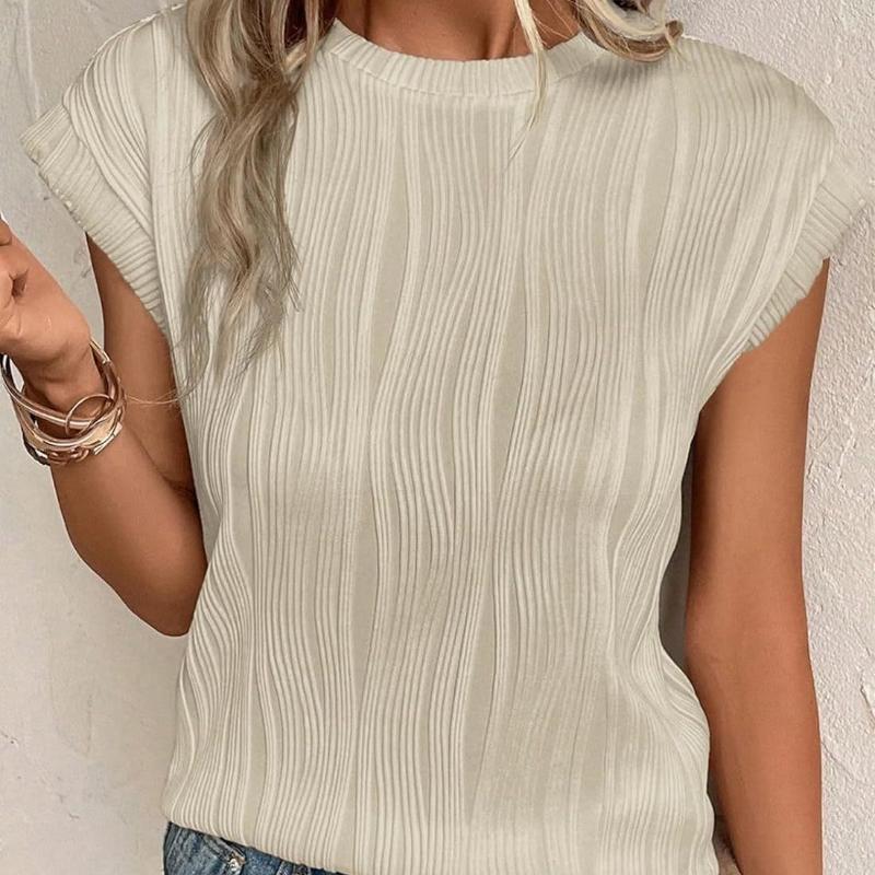 Fashion Tops Women Round Neck Pleated Slim Fit Summer T-shirt Short Flying Sleeve Blouse Women Solid Color Office Lady Tee Shirt 24135