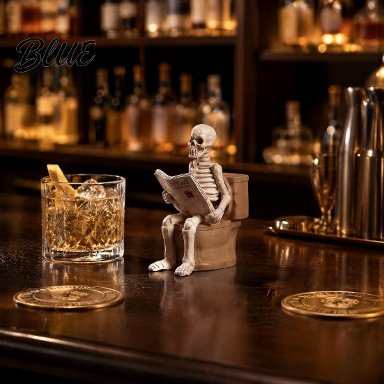 Quirky Gift for Friends Skeleton Sitting on Toilet Resin Figurine Realistic Skull Tabletop Spooky Photography Setting Prop Ornament Creative