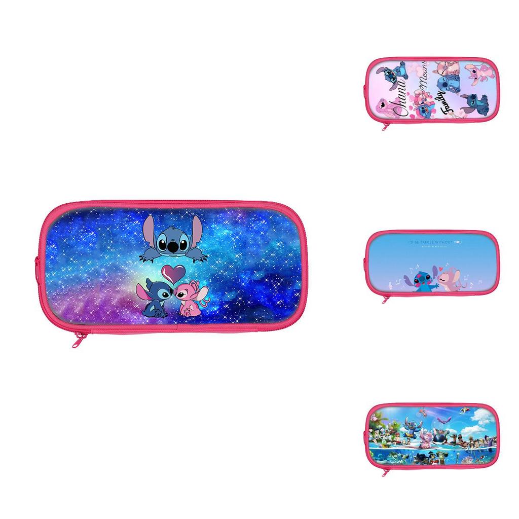 Stitch And Angel Cartoon Print Student Double Layer Stationery Storage Bag For Kids And School Use