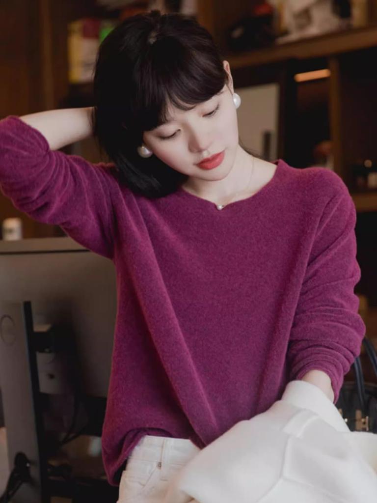 YF Wool Knit Long Crew Korean Crew Neck Long Sleeve Winter Wine XL 100% Sweater, Sleeve, Neck, Mid-Length, Fluffy, Warm, Stylish, Fashion, Elegant,