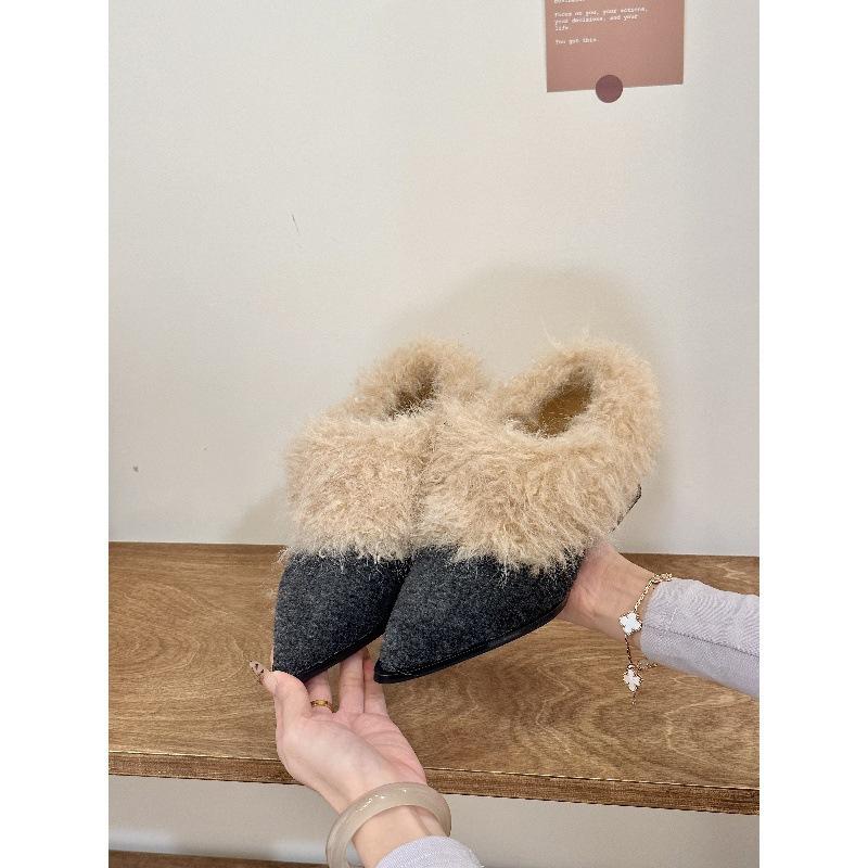 Korean female teddy roll! Stylish pointed-toed plush heel small leather shoes for women's autumn and Korean version of plush plush single shoes