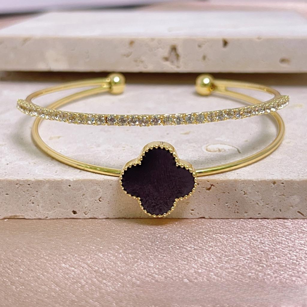 Brățară Premium Trifoi cu Patru Foi Zirconiu Strat Dublu Brățară cu Deschidere Ajustabilă Lux Non-Alergenic Brățară de Damă