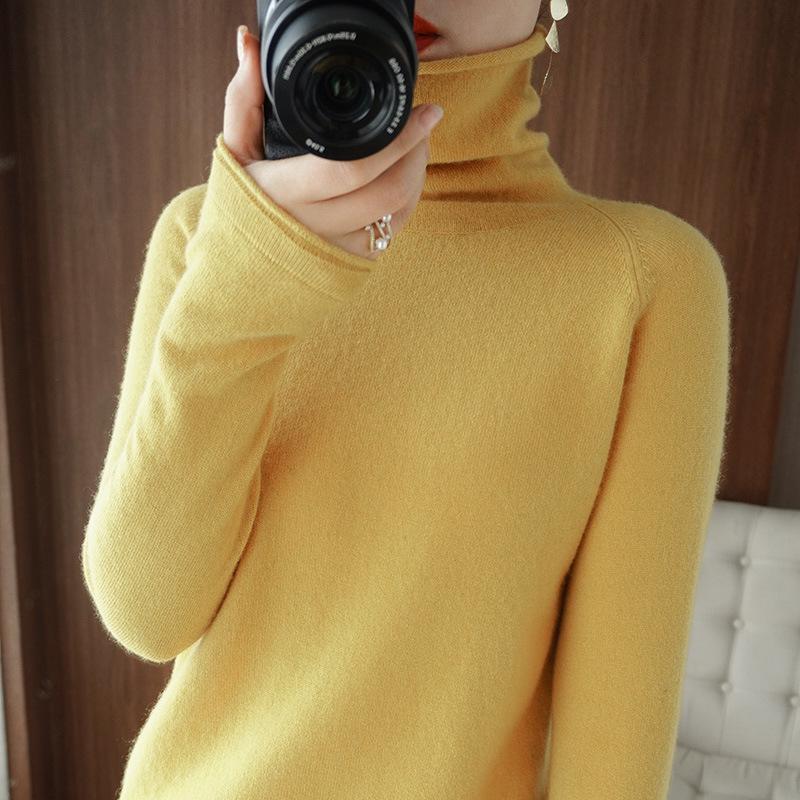 Women's High Neck Knit Sweater: Long Sleeve, Solid Color, Loose Fit, Stylish Autumn/Winter Base Layer