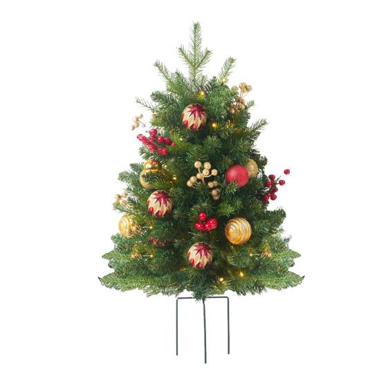 23 Inch Lighted Artificial Christmas Urn Filler Pre-lit Xmas Pine Tree with Cones Red Berries Tripod Stake And LED Light Outdoor Porch Planter Filler