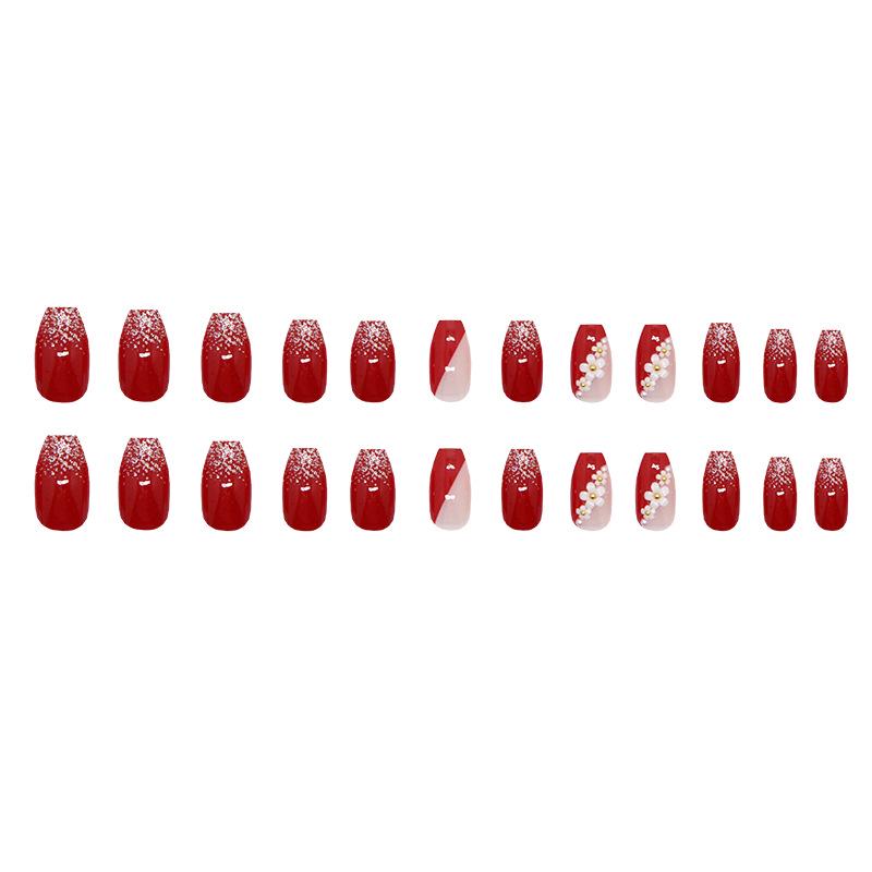 Burgundy Floral Gold Bead Glitter French Ballet Nails - Detachable Nail Art Set of 24, Mid-Length, Versatile Ins Style.