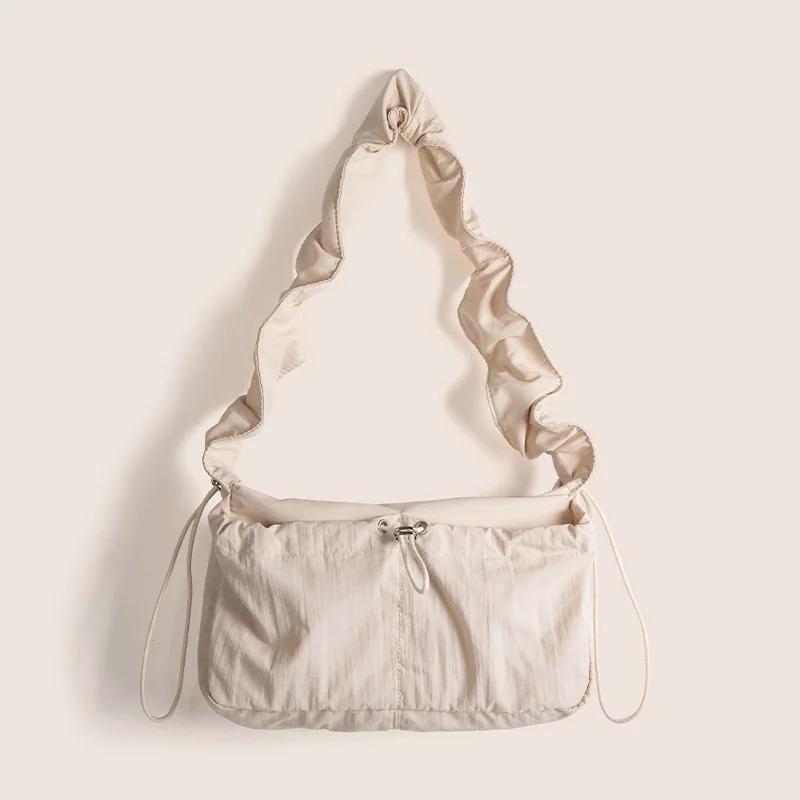 

Pleated Retro Female Cloud Shoulder Bags Drawstring Design Nyl Women s Crossbody Bag Solid Color Ladies Large Book Tote бежевый