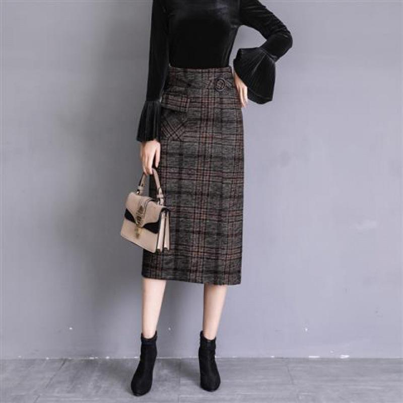 

Шерстяная клетчатая юбка женская 2024 ранняя весна новая высокая талия и тонкая юбка с запахом на бедрах с разрезом вилка средняя и длинная юбка для детей S