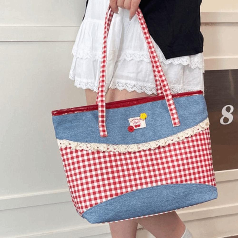 Lattice Lace Bow Shoulder Bag Rural Style Commuting Tote Bag Retro Denim Plaid Handbag Students