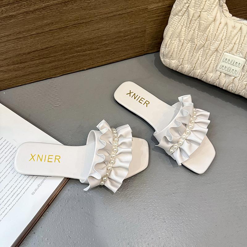 Women Slippers Flats Bead Sandals Square Toe Shoes Summer New 2025 Trend Open Toe Dress Casual Flip Flops Woman Beach Slides