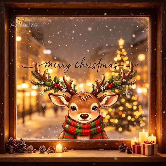 Removable Static Window Film Christmas Reindeer Stickers, PVC Waterproof Elk Cling for Holiday Gifts Friends Home Decoration, Cute Deer Wall