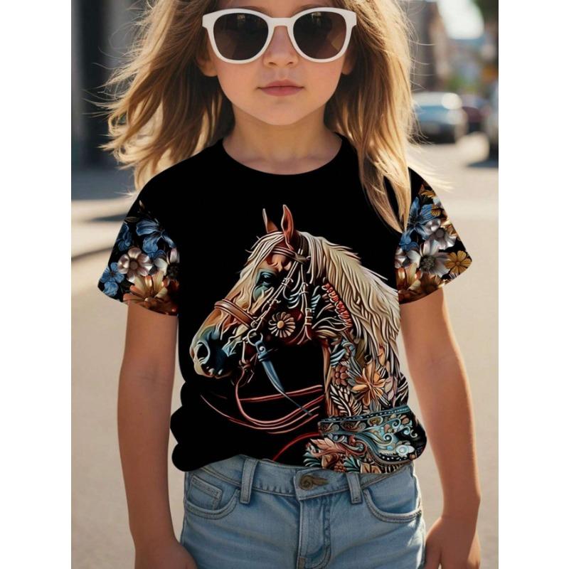 Tops Spring Autumn Printed Clothes Short Sleeve Round Neck Girls' Bottom Top T-Shirt