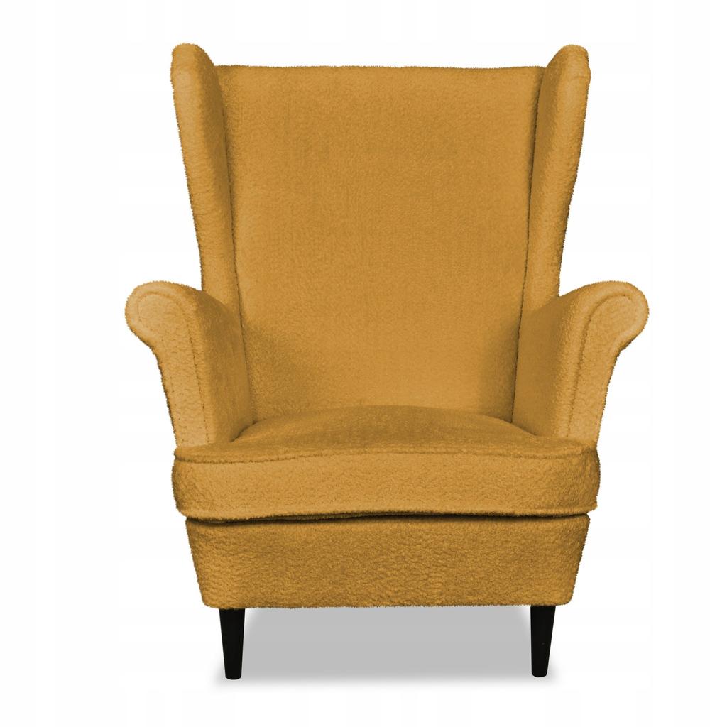 Fotel uszak Bella z podnóżkiem skandynawski Family Meble złoty musztardowy