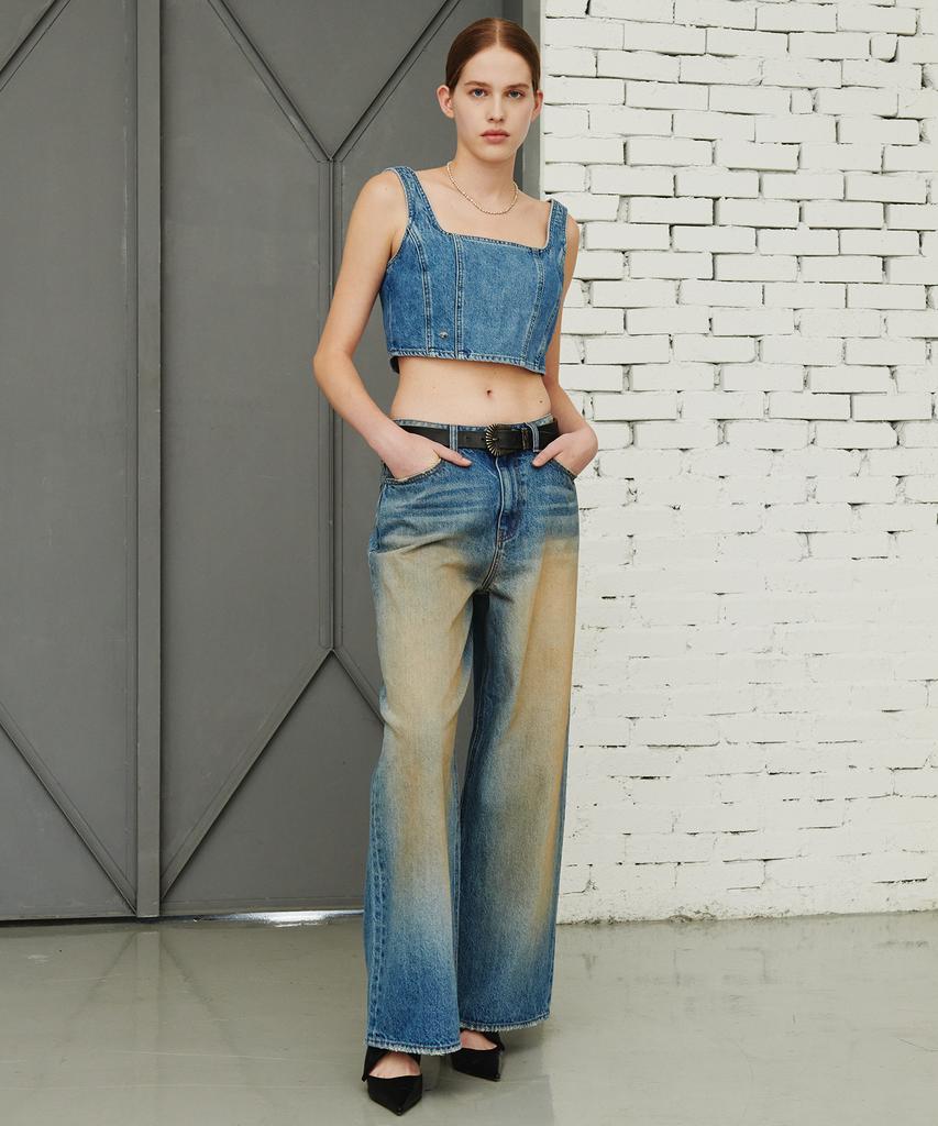 PLAC WOMEN Sleeveless Denim Crop Top T73 Mid Blue