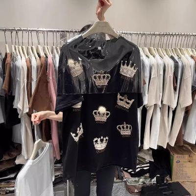Damen Sommer Kurzarm O-Ausschnitt Lässige T-Shirts Koreanisches Design Diamant Y2k Tops