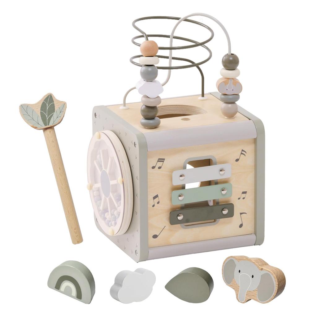labellabel Activity Cube Olive Green Wooden Educational Toy Looping Shape Sorting Edutē