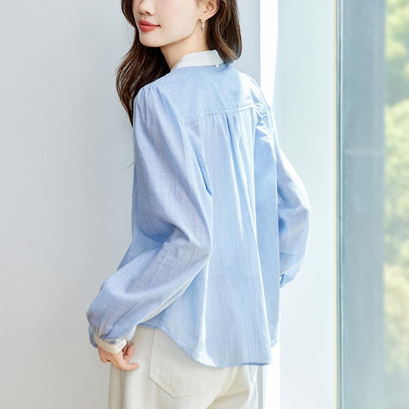 Blue Striped Shirt Women's Long-sleeved Summer New Small Square Collar Contrasting Shirt