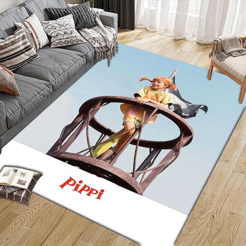 Cute Pippi Flannel Printed Carpet, Home Sofa Decoration for Living Room & Bedroom, Non‑Slip Play Flannel Floor Mat for Game Room
