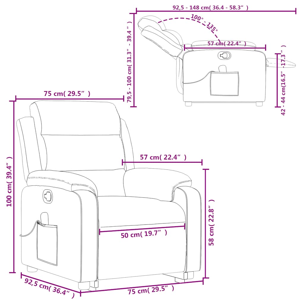 Massage Recliner with Rising Assistance Burgundy Fabric