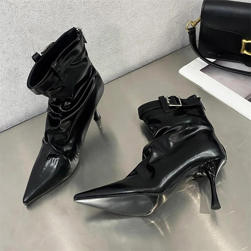 Eilyken Autumn Winter New Design Belt Buckle Pleated Women Ankle Boots Concise Pointed Toe Thin Heels Shoes  De Mujer