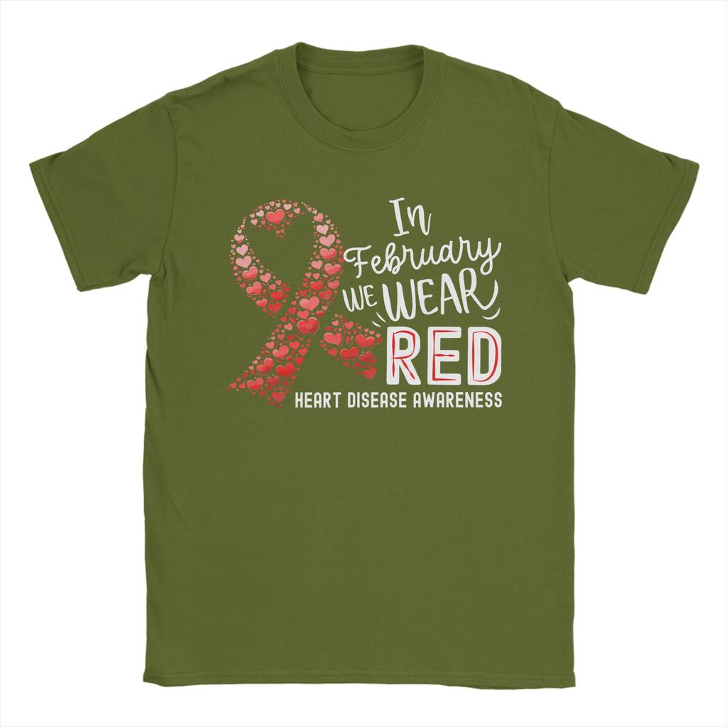 Unisexs In February We Wear Red Heart Disease Awareness Month Ribbon T Shirts  Pure Cotton Clothing Awesome Round Collar Tee Shirt