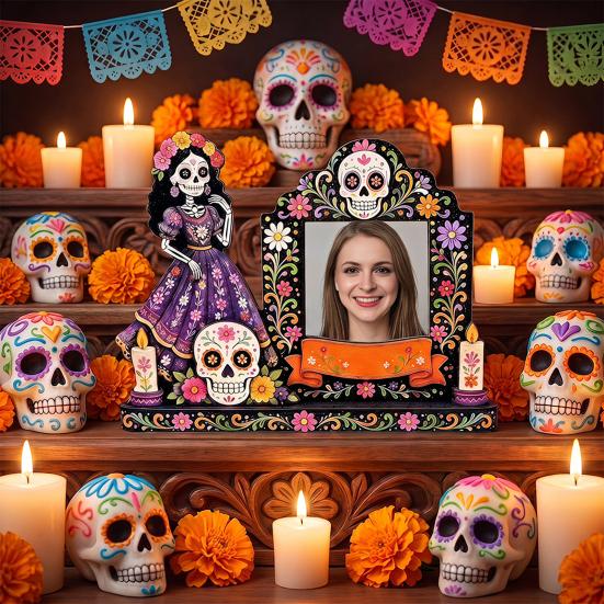 Bunte Festival Tischdekoration Totentag Fotorahmen, Lebendiger Blumiger Zuckerknochen Muster Druck, Dia De Los Muertos Tischdisplay Mexikanische Katrina