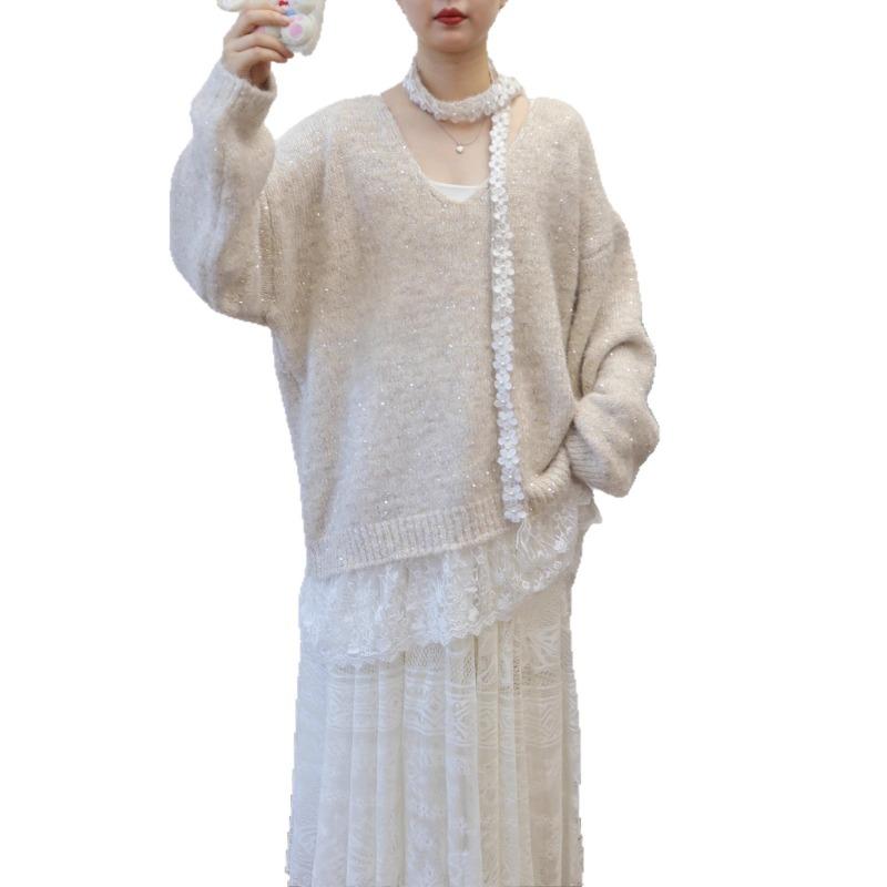 Autumn new splicing lace sequins design sense neck sweater pullover loose sweet knitted sweater top women