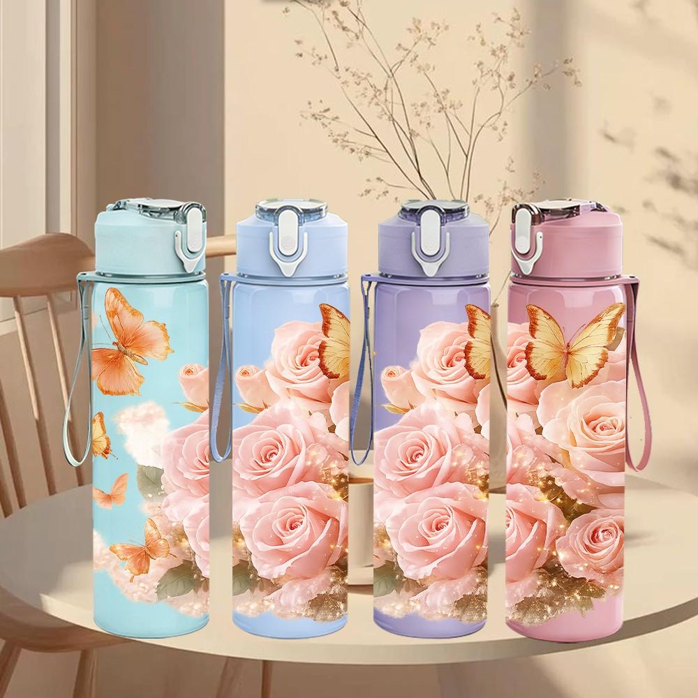 1PC Soft Pink Rose Bouquet Print 750ml Color Plastic Sports Water Bottle Leakproof Flip Straw Lid Suitable for Sports Office Home Use