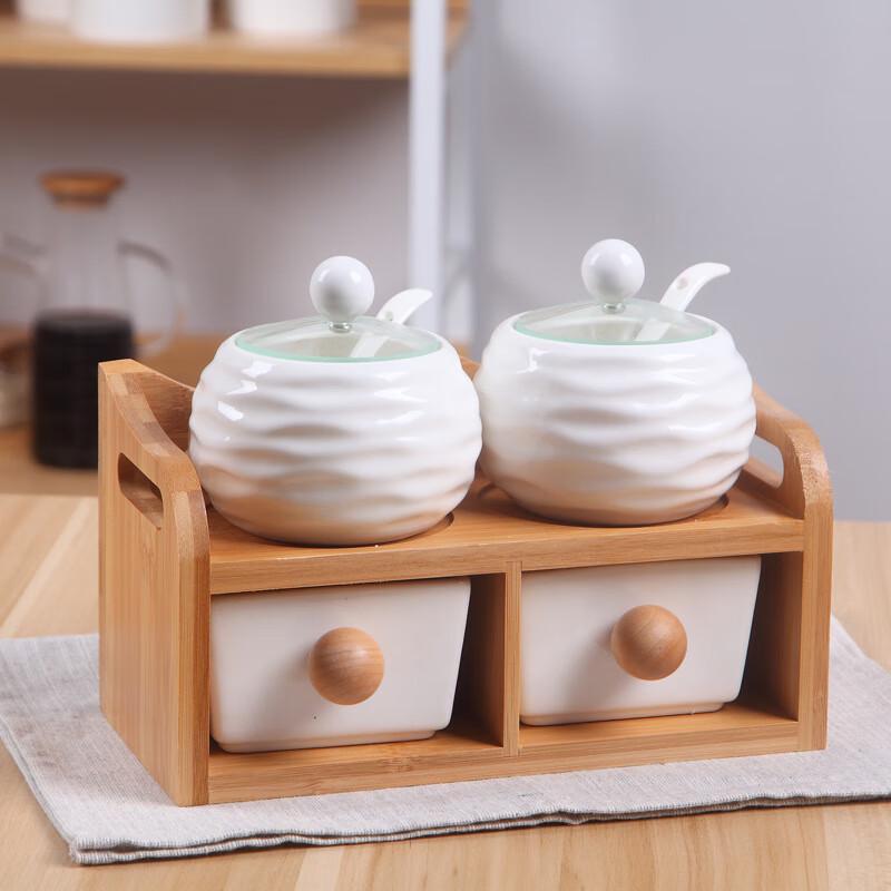 Qianxing Japanese Ceramic Spice Jars with Drawer and Wave Glass Lids - 2 Packs