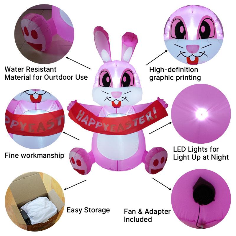 1.5M/4.9FT Easter DIY Inflatable Toy Rabbit Pulling Banner with LED Lights Outdoor Garden Yard Holiday Festival Decoration