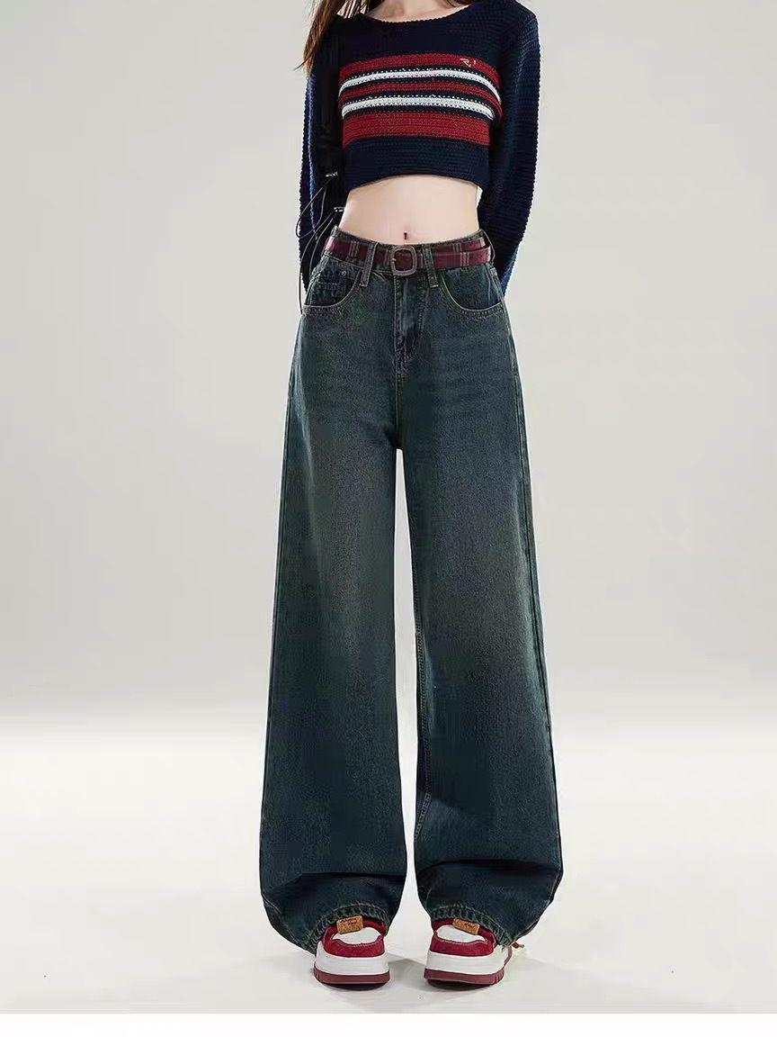 

Американские Ретро Потертые Женские Джинсы с Высокой Посадкой, Красная Клетка, Карман, Широкие Штанины XS