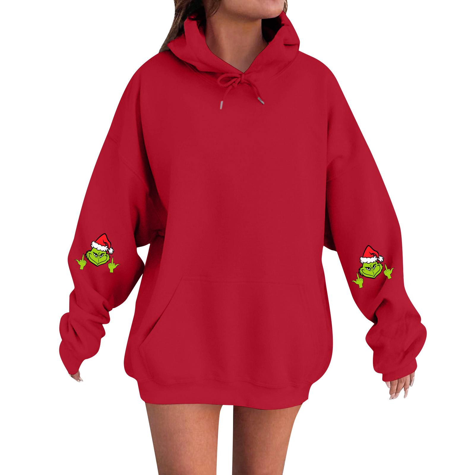 

Женский модный, расслабленный и удобный свитер с круглым вырезом и капюшоном, с длинными рукавами и рождественским принтом, теплый свитер винный