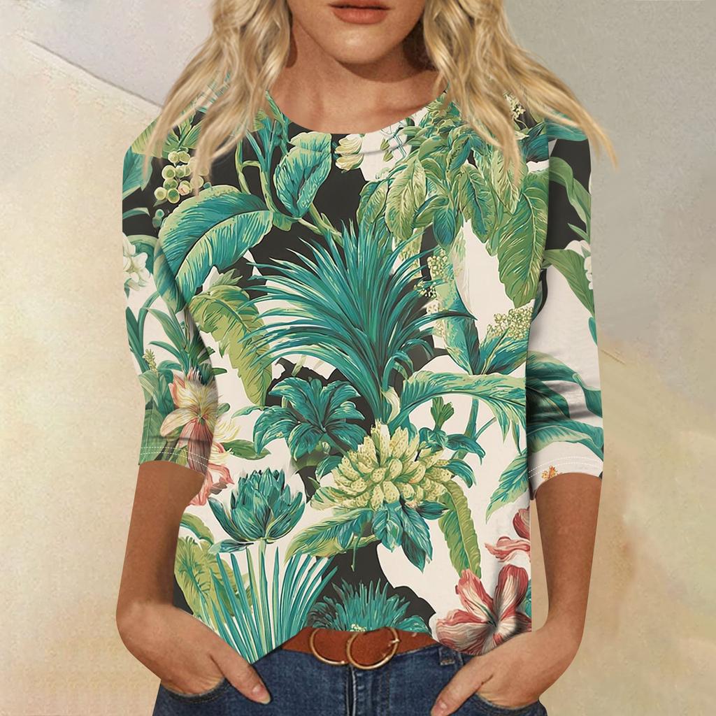 Women's Fashionable Casual Round Neck Three-Quarter Sleeve Printed T-Shirt Top