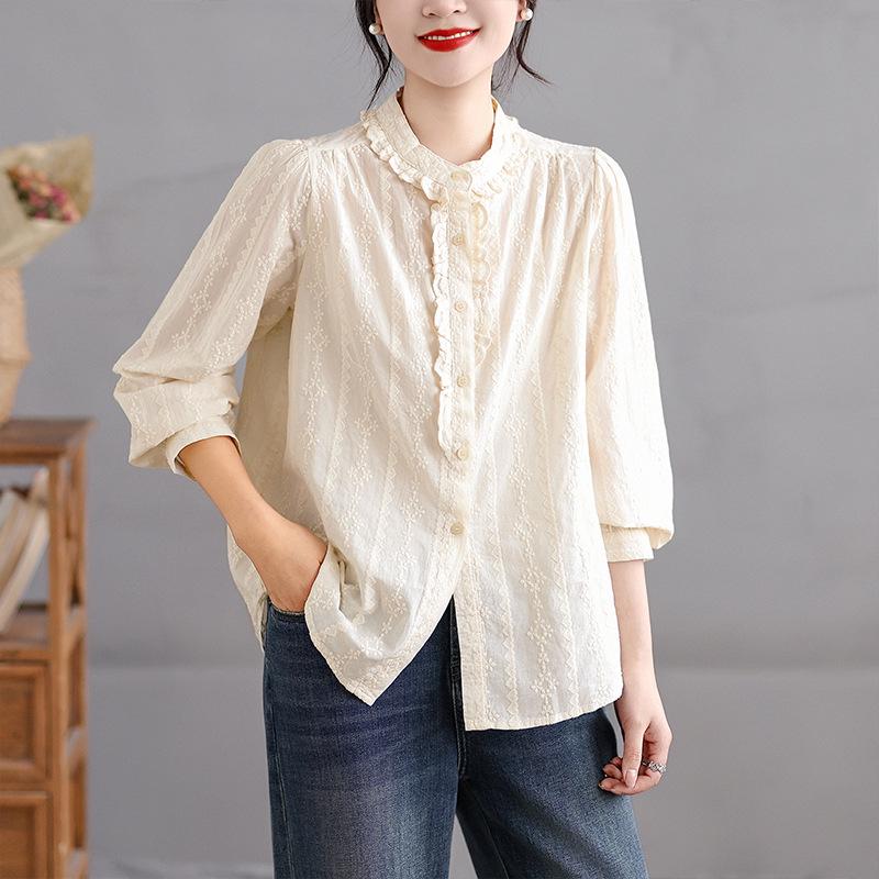 

2026 Early Spring Embroidered Cotton Artistic French Shirt for Women Extra Large абрикосовий