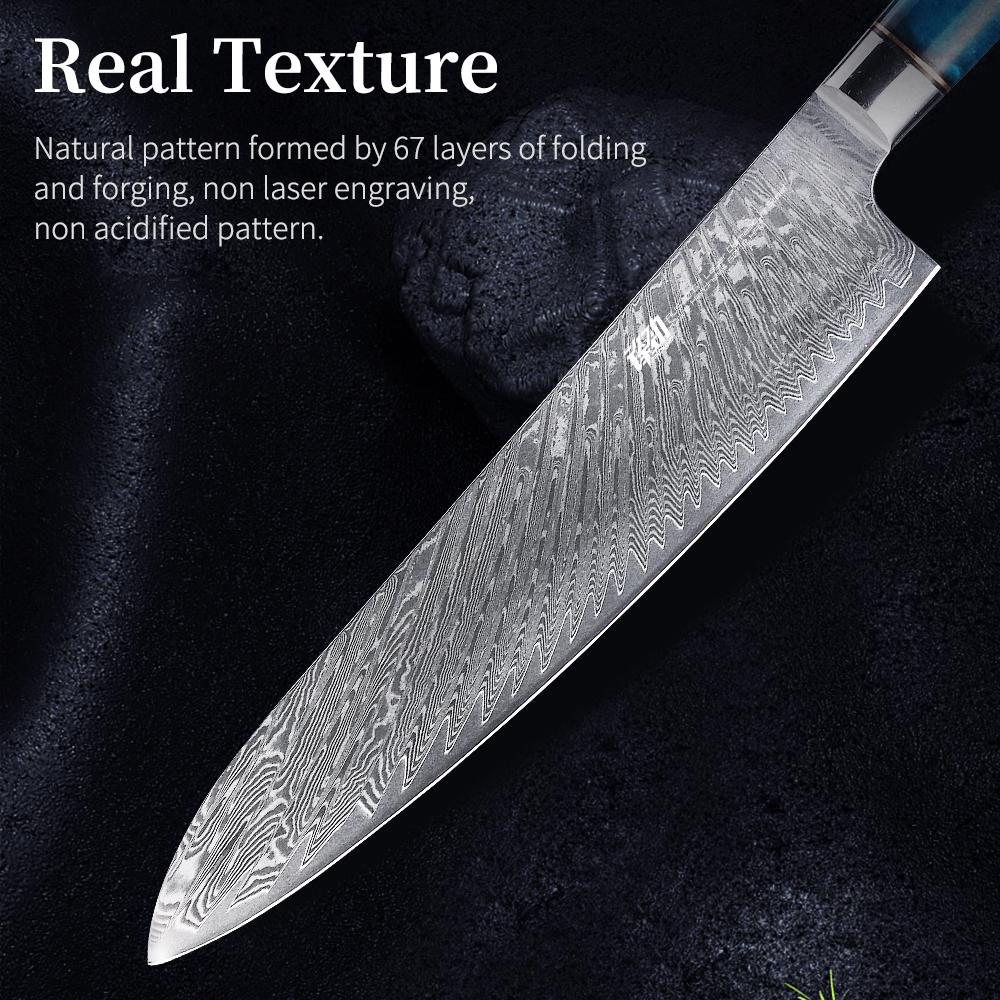 FINDKING Luxury Blue Resin Sapele Wood Handle 9.5 Inch Gyuto Knife 67 Layers Damascus Steel Japanese Kitchen Chef Knife