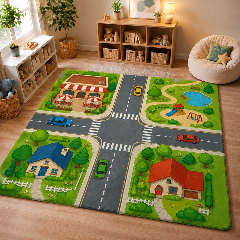 Kids Traffic Play Rug Bedroom Living Room Carpet,Town Game Cutecore Room Decor Children Floor Mat Home Decor Home Garden