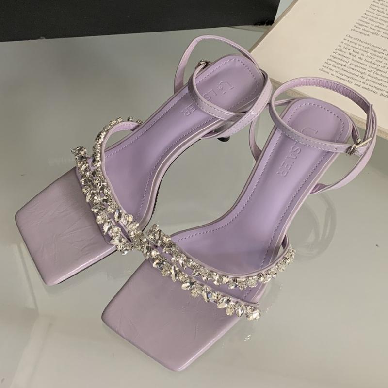Fashion Luxury Rhinestone Ankle Strap Women Sandals High Quality Square Toe Buckle Thin Heel Slide Sandals Fashion Comfort Banquet Shoes