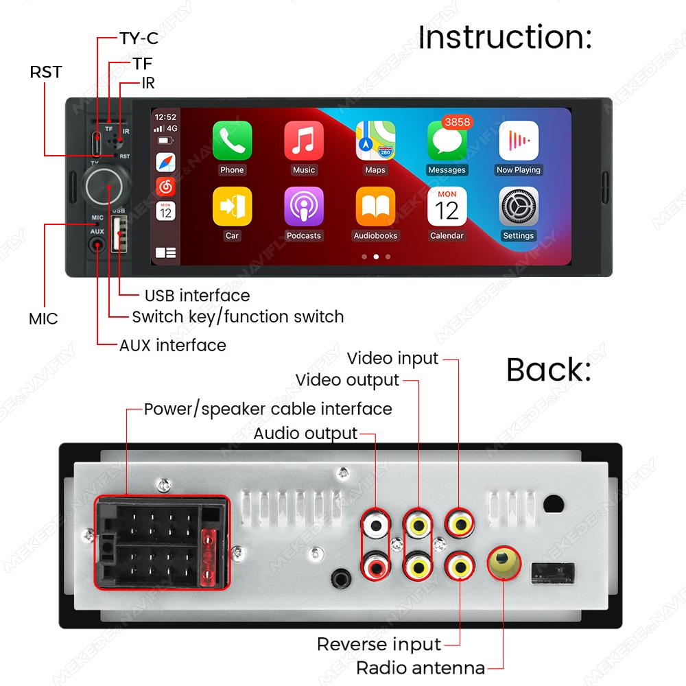 6.86'' Car Radio Wireless CarPlay 1 Din Android Auto MP5 FM Stereo USB Audio 1280*480 HD Screen Head Unit USB Type C Navigation