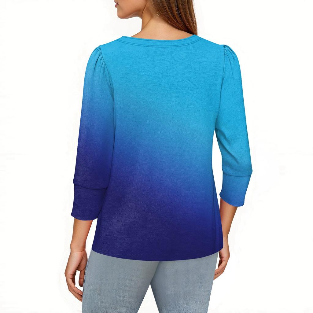 Damska Moda Casual Koszula z Nadrukiem z Rękawem 3/4 Damskie Bluzki z Dekoltem w Serek